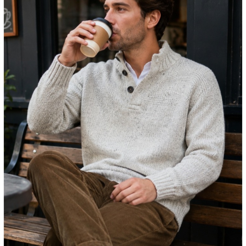 Lucky Brand Wool Blend Sweater Men's Medium Fisherman Knit Chunky grey tan ivory
